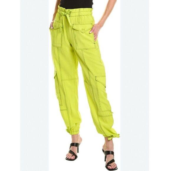 GANNI Light Slub High Waist Cargo Pants Neon Green Sulphur Spring Size 34 XS NWT